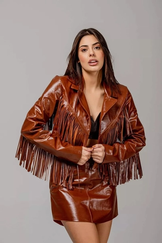 BLAZER FRANJINHA COURO LEGITIMO COURO MARROM P